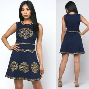 Crème work/school/party embroidered jaquard skater dress S,M,L,Navy/Gold